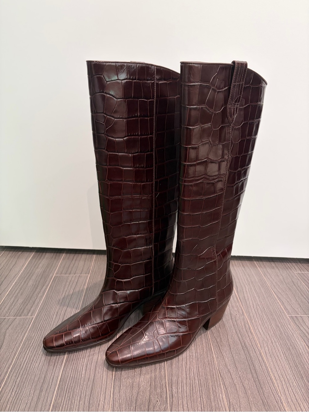 J. Crew Croc-Embossed Over-the-Knee Boots in Chocolate Brown